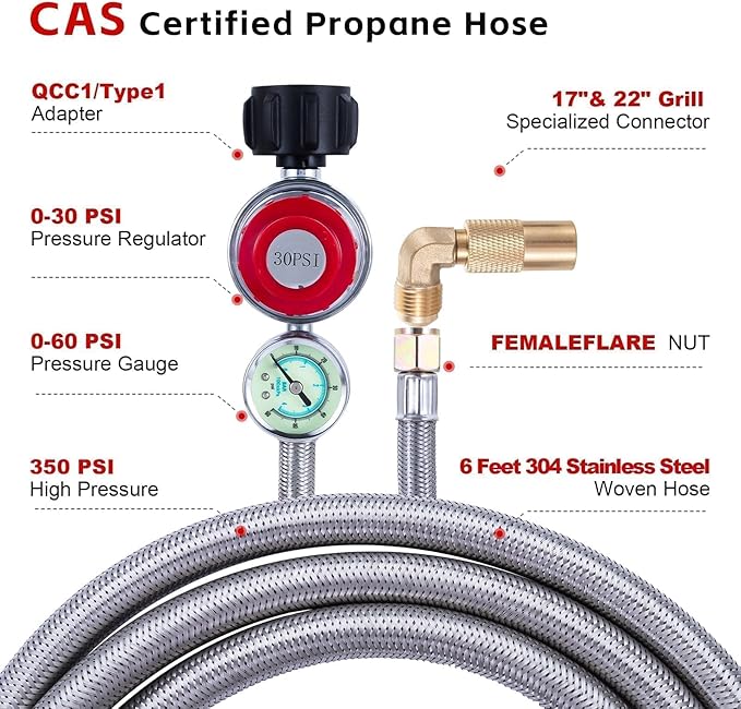 6 FT Propane Adapter Hose with 0-30 PSI High-Pressure Adjustable Propane Regulator Gauge Universal Type 1 (QCC1), Propane Hose for 17"/22" Blackstone Tabletop Griddle Coleman Portable Grill
