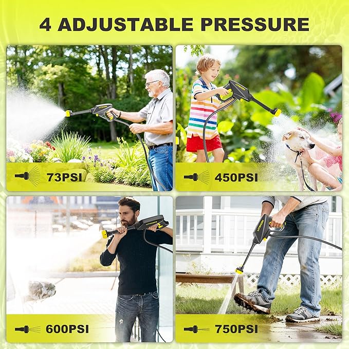 Portable Cordless Pressure Washer, Max 750PSI,2x5.0Ah Battery, 4 Adjustable Pressure Electric with 4.5Gal Tank 10FT Hose, 6-in-1 Nozzle for Car Washer,Patio,Camping