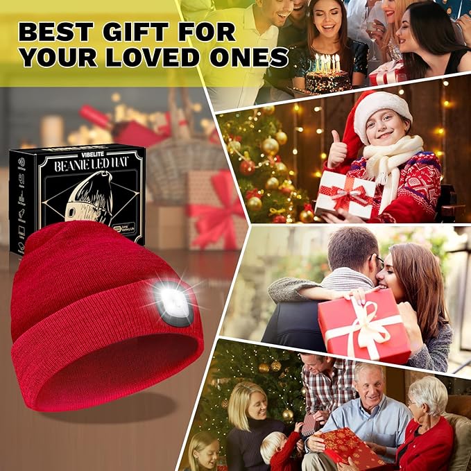 VIBELITE LED Beanie Hat with Light, USB Rechargeable LED Headlamp for Hiking, Camping, Gifts for Men, Dad, Teen Boys, Husband, Women, Boyfriend, Birthday Gifts for Women, Red