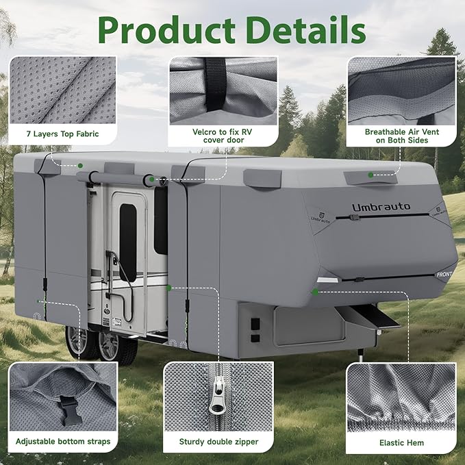 Umbrauto 5th Wheel RV Cover Fits 37ft-40ft Motorhome, Upgraded 7 Layers Top Anti-UV Waterproof Breathable Camper Covers Travel Trailer Motorhome with Extra Windproof Straps