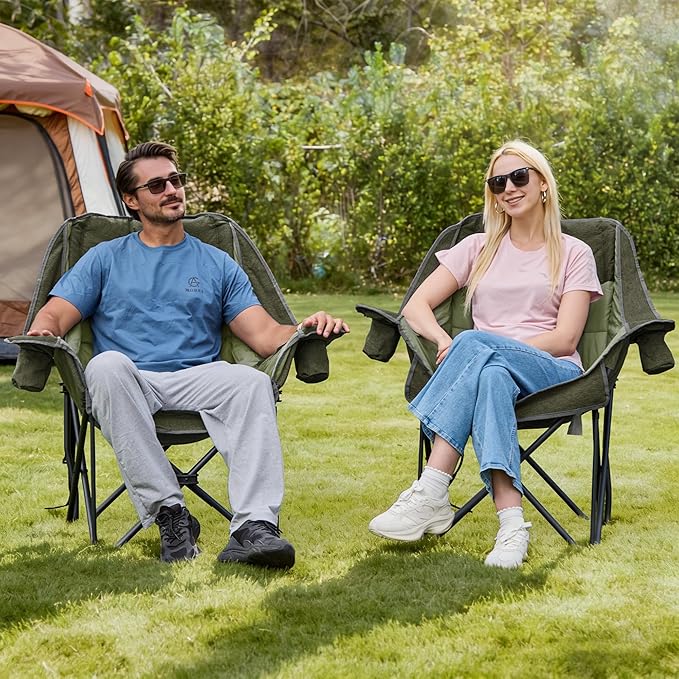 Oversized Camping Chair, Portable Folding Padded Camp Chairs with Side Pocket, Cup Holder, Heavy Duty Support 500LBS Outdoor Lounge Chair for Adults, Fishing, Sports, Trip, Green