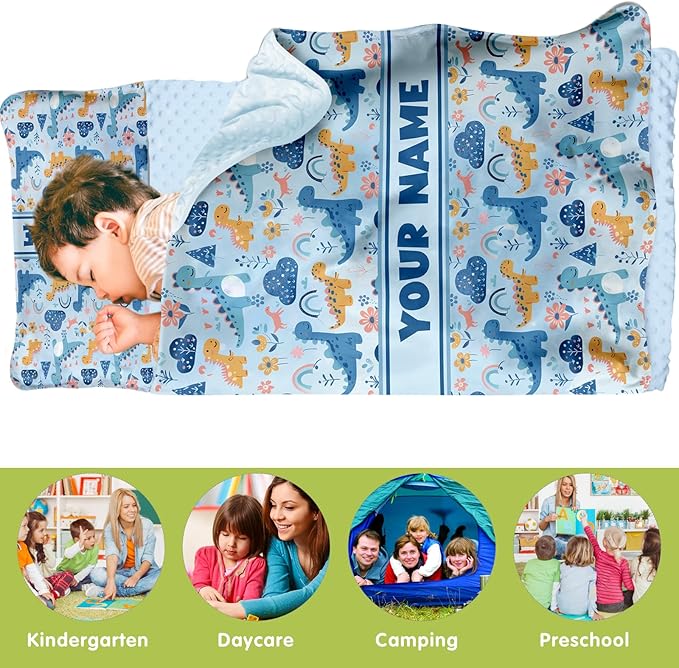 Personalized Toddler Nap Mat for Preschool, Custom Name Kids Sleeping Bag for Daycare, Kindergarten Roll Up Sleeping Mat with Removable Pillow and Soft Blanket, Fun Themes for Boys & Girls