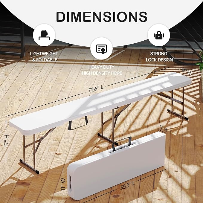 6 Foot Folding Bench, Portable Plastic Folding Bench Seat, Foldable Seat for Indoor Outdoor Picnic Camping Dining, Soccer Garden Multipurpose Entertaining Activities, White