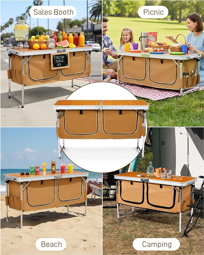 Outvita Folding Table, 4FT Aluminum Camping Table with Large Storage Space and Adjustable Height Picnic Table Lightweight for Carring Outdoor Party Events Beach