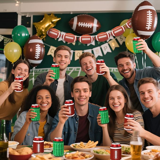 18 Pack Football Can Cooler Sleeves Beer Drink Can Bottle Cooler Sleeves Cooler Collapsible for Football Lovers Party Birthday Themed Party Decorations Supplies Favors