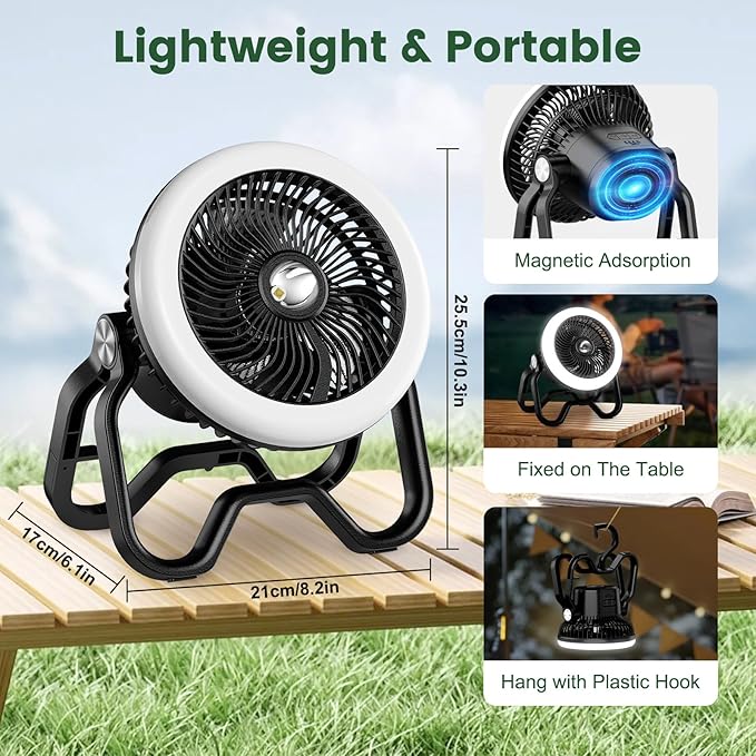 Camping Fan Rechargeable Camping Lantern-40Hrs,20000mAh Cordless Battery Operated Oscillating Fan Light with Remote,Hanging Hook and Magnetic Base, for Tents, Outdoor, RV, Outage（Black）