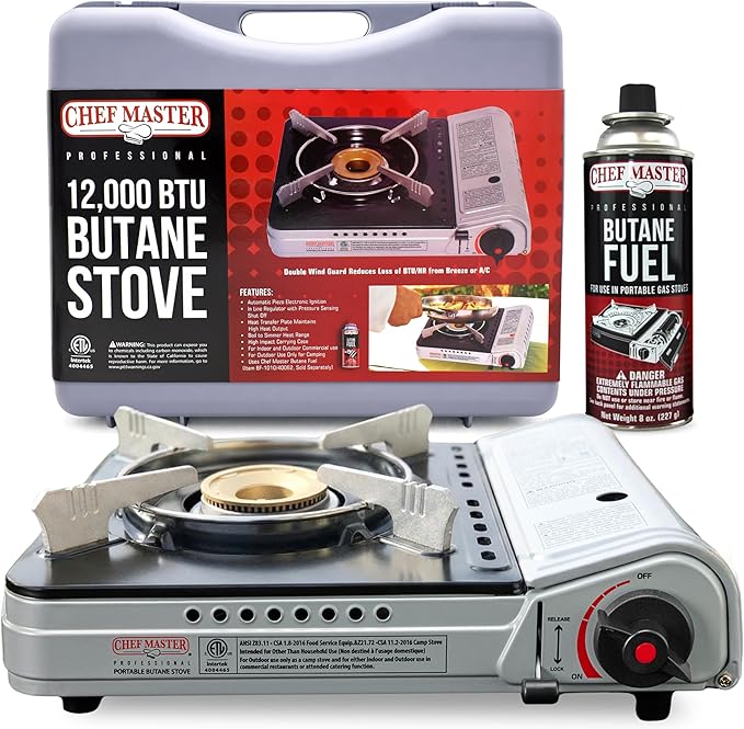 Chef Master 12,000 BTU Portable Butane Stove - Gas Burner for Camping & Outdoor Cooking - Countertop Cooktop with Carry Case, Wind Guard & Electronic Ignition - Portable Cooker & Burner Stove – 90235