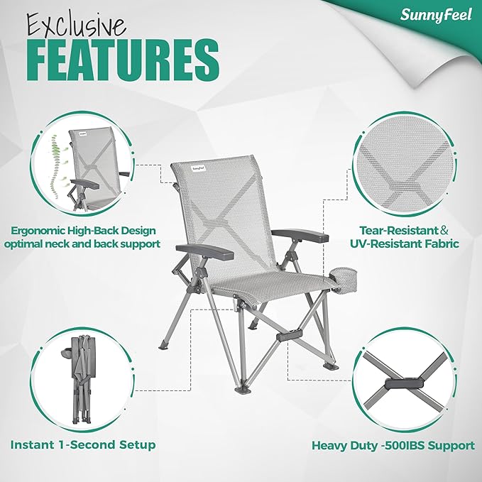 SUNNYFEEL Folding Camping Chair Heavy Duty Ergonomic Chairs Support 500lbs with Adjustable Breathable High Back Support and Cup Holder, Aluminum Frame for Fishing, Camp, Beach, Lawn, RV, Patio