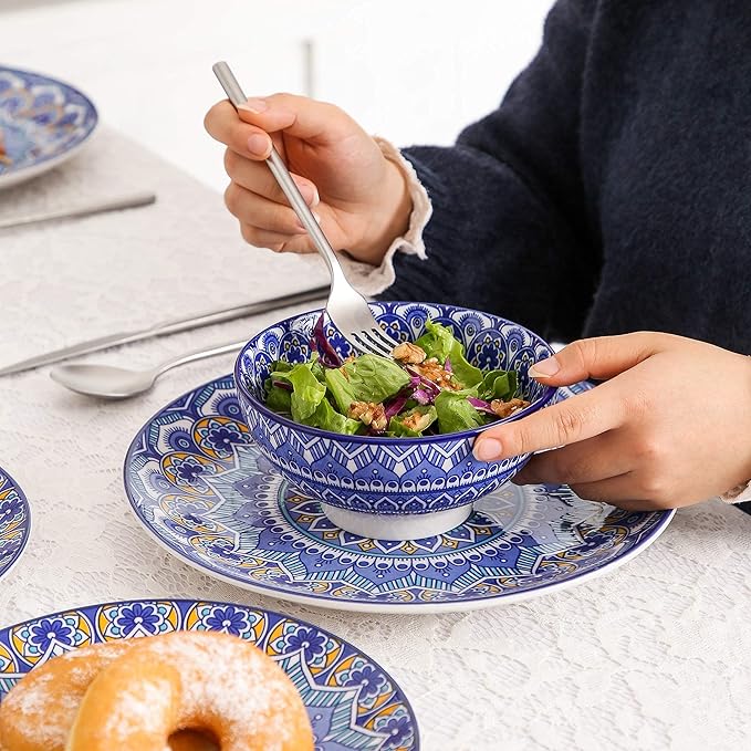 GaRcan Porcelain Dinnerware Set 16-Piece Bohemian Mandala Patterned Blue Porcelain Tableware Dinner Set with Dinner Plate,Dessert Plate,Bowl,Mug Dinnerware Set