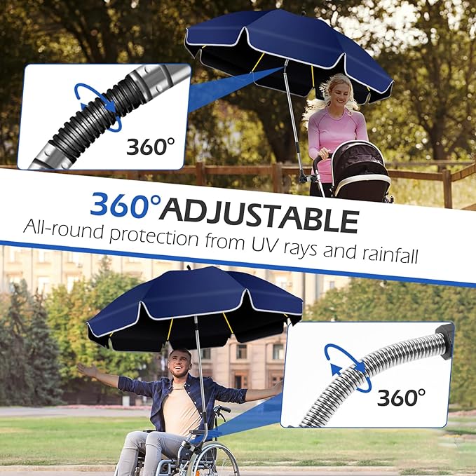 48.8 inch Beach Umbrella with Clamp Sun Shade for Beach Chair, 360°Adjustable UV Protection Golf Umbrella with Clip for Outdoor Stroller Wheelchair Camping Chair（ink blue）