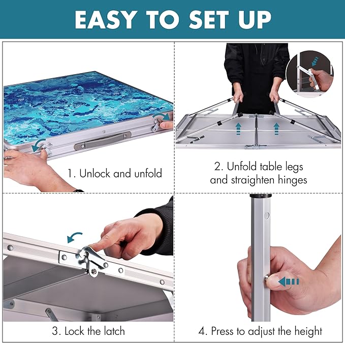 VILLEY Folding Camping Table 4FT, Large Portable Aluminum Table with Adjustable Height, Foldable Lightweight Picnic Table with Carry Handle for Camping, BBQ, Outdoor & Indoor Activities