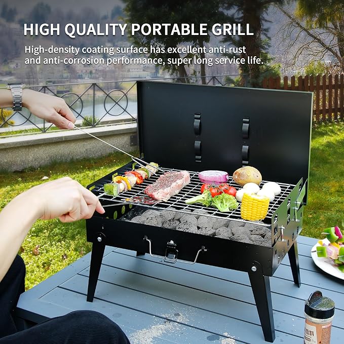 MASTER COOK Portable Charcoal Grill, Foldable BBQ Grill Kit Easy to Carry, 160 SQIN Cooking Area Mini Tabletop Grill for Outdoor Camping, Patio and Picnic, 17.1”*10.8”*2.5”
