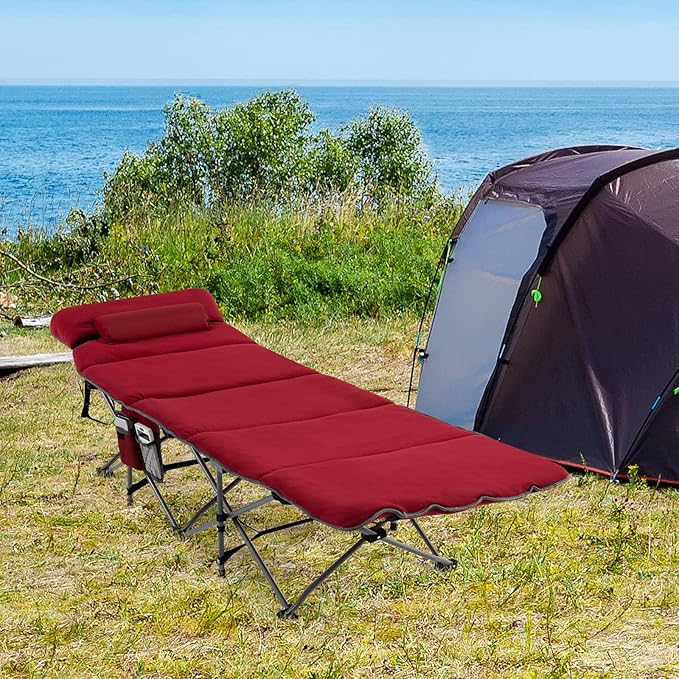 Goplus Camping Cot, Folding Camping Cot with Mattress, Pillow, Carry Bag, Storage Pocket, Camping Bed Military Cot for Home Office Nap Hiking, Heavy-Duty Portable Sleeping Cot for Adults Kids (Wine)