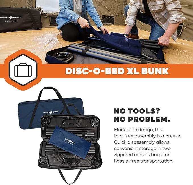 Disc-O-Bed Extra Large Portable Bunk Camping Cots with Carry Bags - Heavy-Duty Indoor or Outdoor Sleeping System, Converts to Bench or Separate Beds, 500 lb Weight Capacity Per Cot, Navy