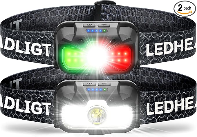 2-Pack LED Headlamp Rechargeable with Green & Red Light -1300 Lumen Ultra-Bright Flashlight Headlight for Camping, Running, Hiking, Fishing - Waterproof with 7 Modes