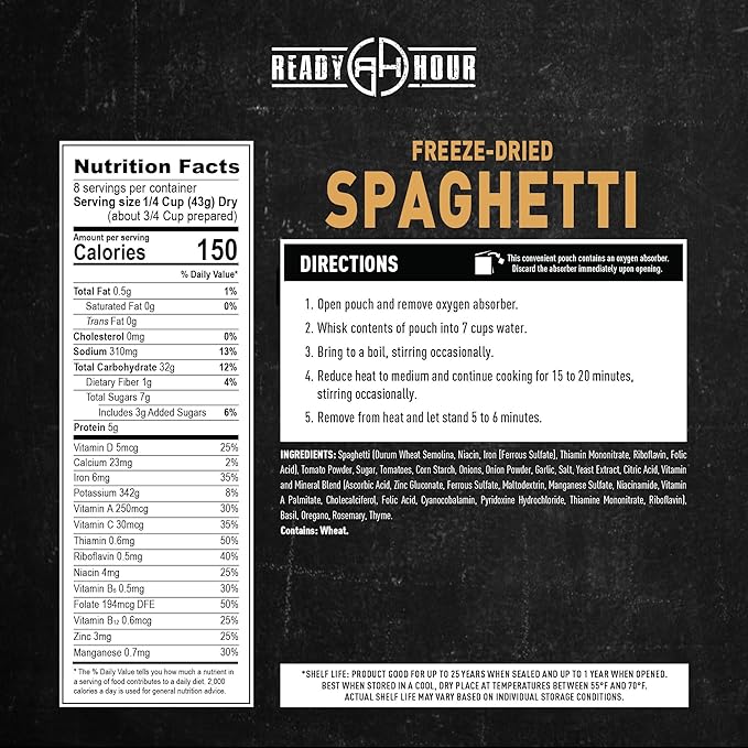 Ready Hour Spaghetti Case Pack (32 Servings), Freeze-Dried Spaghetti Pasta, Emergency Entrées, Survival Food, Real Non-Perishable, Long-Term Storage, 25-Year Shelf Life