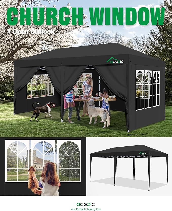 10x20 Pop Up Canopy with 6 Removable Sidewalls, Easy Set-up 2 Central Lock Outdoor Party Tent with Top Vent, Commercial Tent, Stakes x8, Ropes x4, Sandbags x4, Hand Bag x1(Black, 10 * 20)