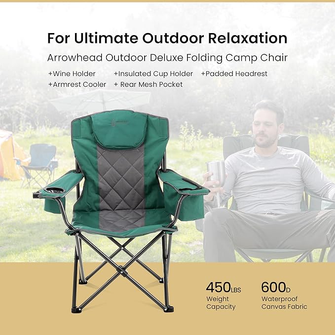 ARROWHEAD OUTDOOR 2-Pack Portable Deluxe Folding Camp Quad Chair w/Headrest, Glass & Cup Holders, Armest 6-can Cooler, Heavy Duty Carry Bag, 550 lbs Weight Capacity