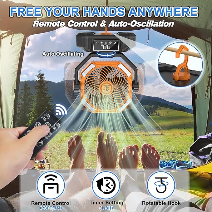 20000mAh Rechargeable Camping Fan, 5 Speed Powerful Battery Powered Fan for Camping, Oscillating Fan with LED Lantern, Portable with Timing Setting, Remote Control for Camping Hiking Fishing Jobsite