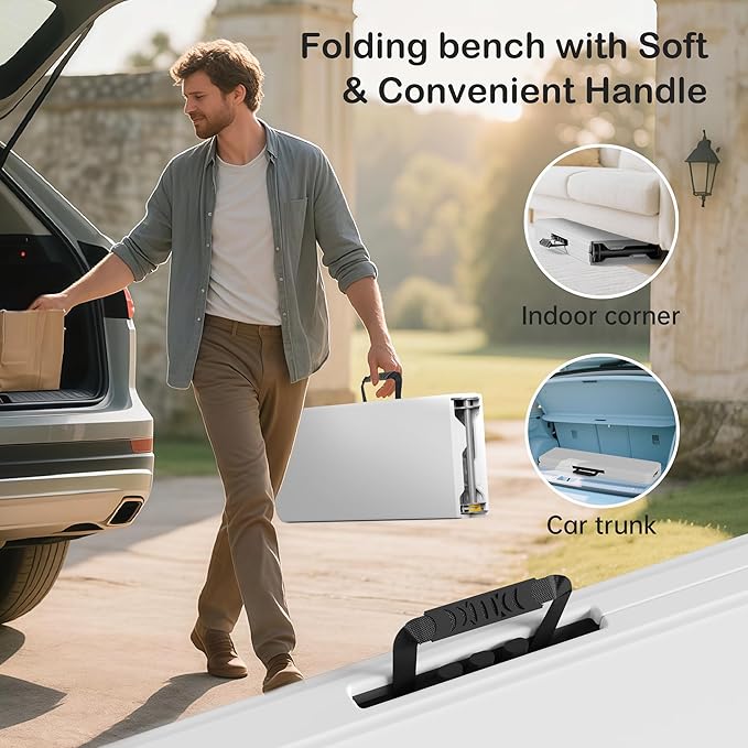 6 Foot Folding Bench, Portable Plastic Folding Bench Seat, Foldable Seat for Indoor Outdoor Picnic Camping Dining, Soccer Garden Multipurpose Entertaining Activities, White