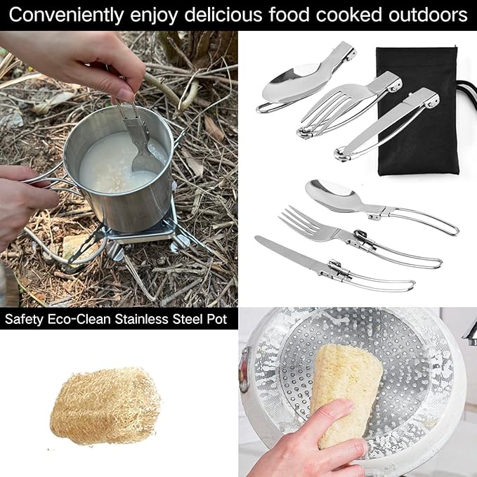 BeGrit Camping Cups Mugs Stainless Steel Camping Pot Food Grade Metal Camping Cookware with Folding Spoon, Vented Lids