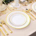 bUCLA 300PCS Gold Disposable Dinnerware Set - White and Gold Plastic Plates - Include 50 Each (Dinner&Dessert) Plates,50 Knives,50 Forks,50 Spoons,50 Cups for Party