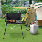 HAPPYGRILL Portable Camping Stove, 2-Burner Propane Grill Cooker with Removable Leg Stand, Roast Grill, Dual Control Knobs, Wind Guards, Outdoor Gas Grill for Camping BBQ Picnic (Black)
