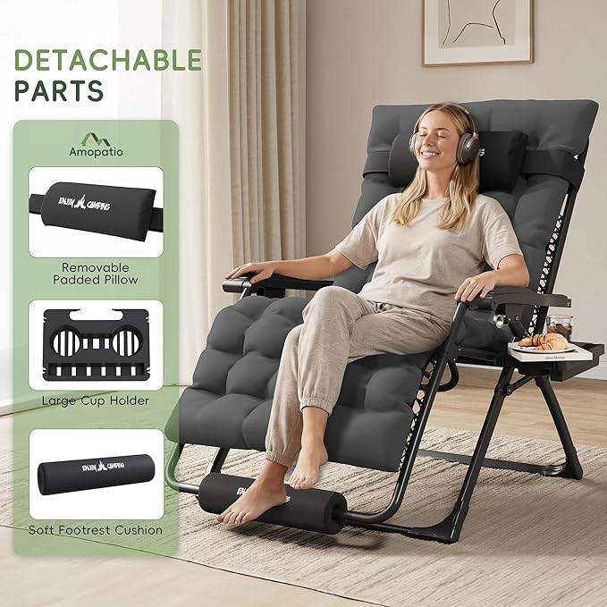 Amopatio Zero Gravity Chair with Removable Cushion & Tray, XL 29In Patio Folding Reclining Lounge Chair with Footrest & Headrest for Indoor and Outdoor, Support 500lbs, Grey&Black