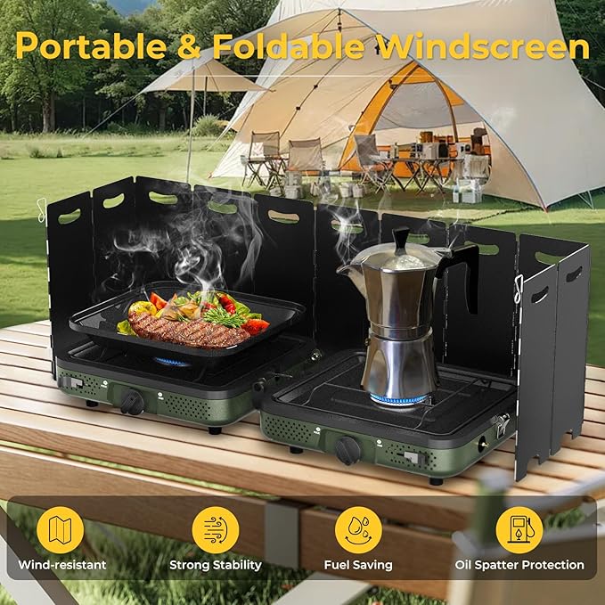 Camping Stove, 2 Burner Propane Stove With Grill,17,000 BTU Camp Stove, Foldable Camping Stove Propane Includes Carry Bag,Windscreen & Grill,Adjustable Burners & Piezo Ignition for Tailgating,BBQ,Camp