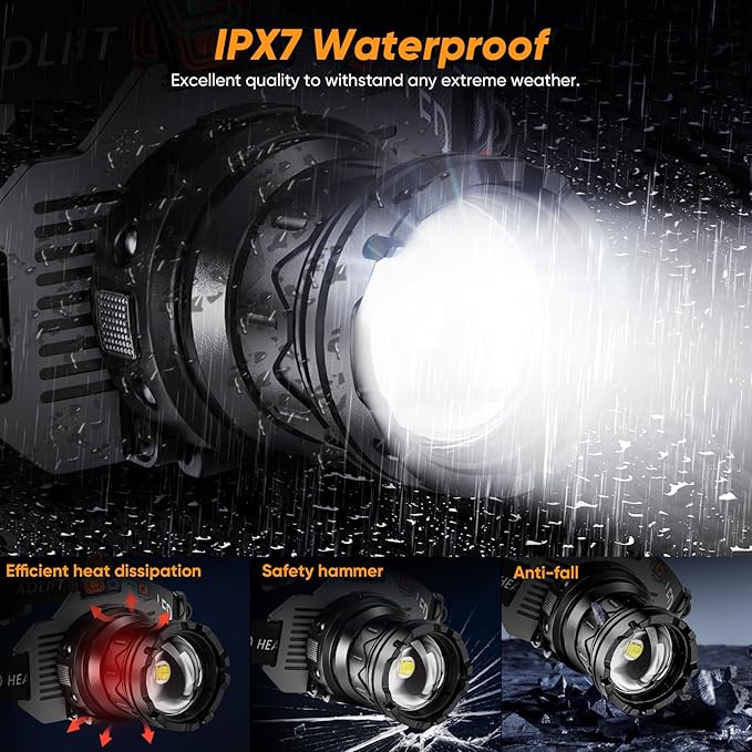 Rechargeable Headlamp Super Bright, 3000 High Lumens Head Lamp with 9 Modes, Zoomable Headlamp for Adults 90° Adjustable, IPX7 Waterproof High Power Head Light for Fishing Camping