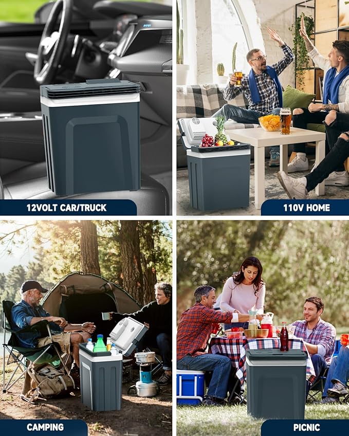 SubSun Electric Cooler and Warmer with Handle，27 Quart (25 L) Portable Thermoelectric Fridge， Car Fridge Cooler with 12V DC & 110 AC for Camping, Travel & Picnics,Grey