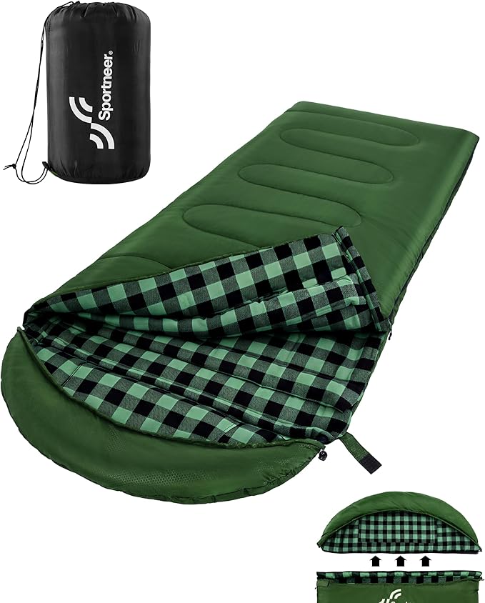 Sportneer Sleeping Bags for Adults, 0 Degree Sleeping Bag XL Flannel Winter Cold Weather Sleeping Bag with Detachable Hood Compression Sack for Camping, Backpacking, Hiking