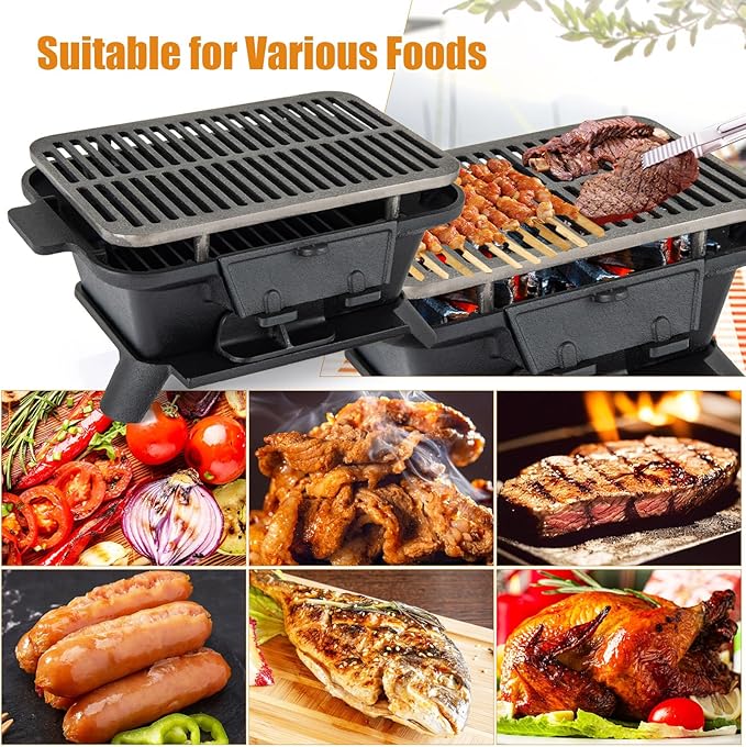 HAPPYGRILL Cast Iron Charcoal Grill, Portable Hibachi Grill w/Air Regulating Door & Fire Gate, Grate Lifter, Double-sided Japanese Stove for Outdoor Camping Backyard Barbecue Party