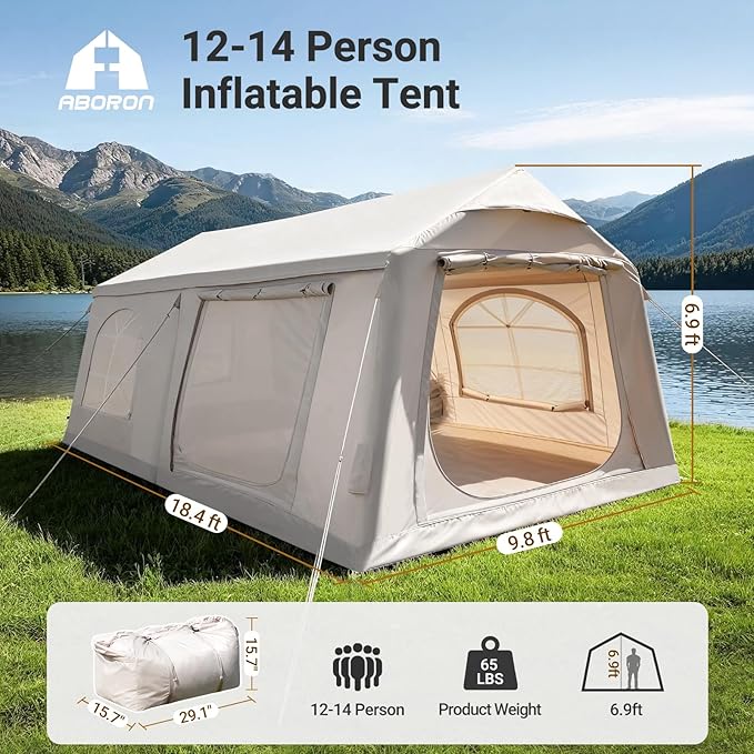 ABORON 2/6/8/10/12 Person Inflatable Camping Tent, Easy Setup Blow Up Tent with Hand Pump, PU3000mm Waterproof & Breathable 4 Season Glamping Tent for Outdoor Camping