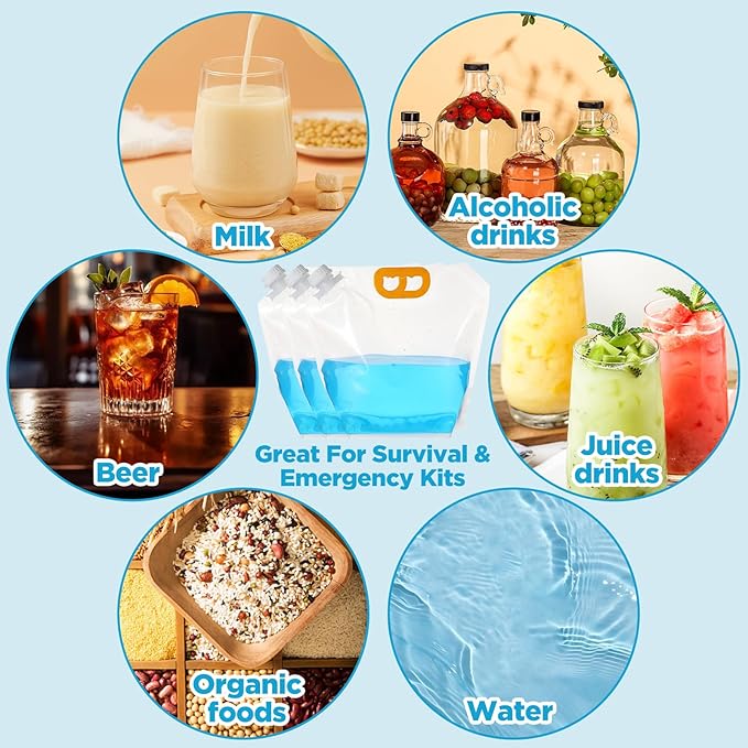 16 Pcs Water Emergency Container Bag, 1.3 Gallon Storage Bags, Freezable, BPA Free Food Grade Clear Plastic Water Carrier Tank, Foldable Storage Bottle for Camping Riding