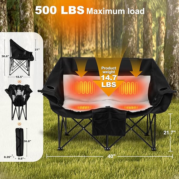 Heated Double Camping Chair with 2 20000mAh Battery Pack, 2 Control Switches 2-Person Loveseat, 550 lbs for Outdoor Sports, Picnics, Rugby Match, Lawn. Make Your Autumn and Winter Warmer