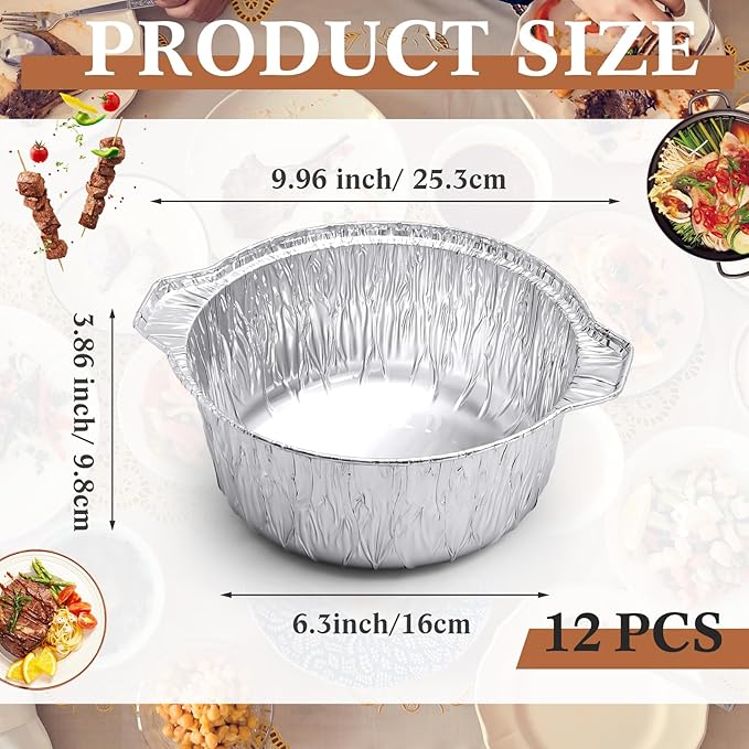 Disposable Aluminum Pot with Lid Round Foil Pans Disposable Cookware Food Container for Vacation Trips Camping Baking Heating Cooking(12 Pcs,74.4 oz)