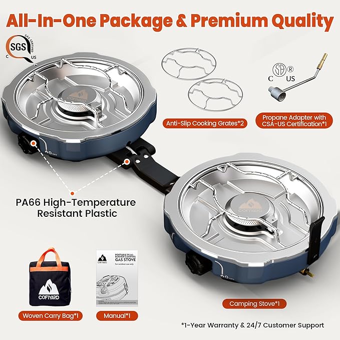 20,000 BTUs 2 Burner Propane Camping Stove, Portable Folding Camp Stove with Adjustable Burners, Built-in Ignition and Carrying Bag, Dual Gas Stoves for Tailgating, Camping, BBQ Overland Grey