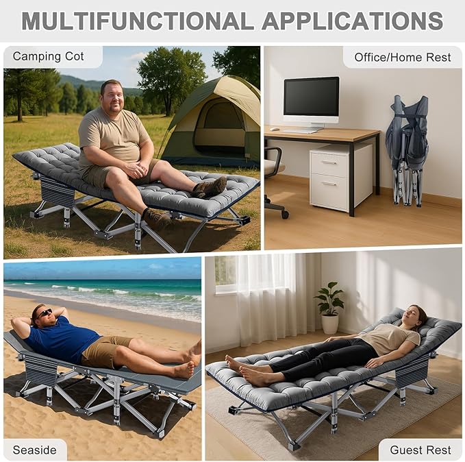 ABORON XXL Camping Cot for Adults, Oversized 78"×32" Folding Camping Bed, 900LBS Heavy Duty Outdoor Sleeping Cot with Mattress Pad, 1200D Oxford, Portable with Carry Bag