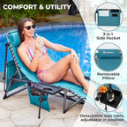 FUNDANGO 4 in 1 Tanning Chair with Face Hole, Beach Lounge Chair w/Canopy Shade & Side Table Chaise Lounge Chairs for Patio, Pool, Lawn, Sunbathing, 5-Position Adjustable Sun Lounger, Cyan