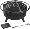 32 Inch Fire Pit Outdoor Burning Stove, 2 in 1 Metal Round Fireplace for Outside Bonfire Party, BBQ, Camping, Backyard, Patio, Garden w/Fire Poker, Spark Screen, Grate, Cover (Rhombic)