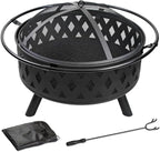 32 Inch Fire Pit Outdoor Burning Stove, 2 in 1 Metal Round Fireplace for Outside Bonfire Party, BBQ, Camping, Backyard, Patio, Garden w/Fire Poker, Spark Screen, Grate, Cover (Rhombic)