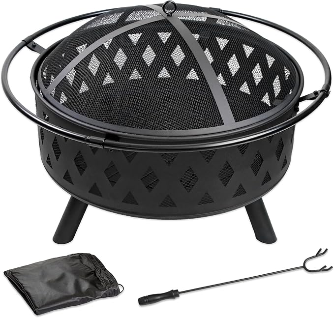 32 Inch Fire Pit Outdoor Burning Stove, 2 in 1 Metal Round Fireplace for Outside Bonfire Party, BBQ, Camping, Backyard, Patio, Garden w/Fire Poker, Spark Screen, Grate, Cover (Rhombic)