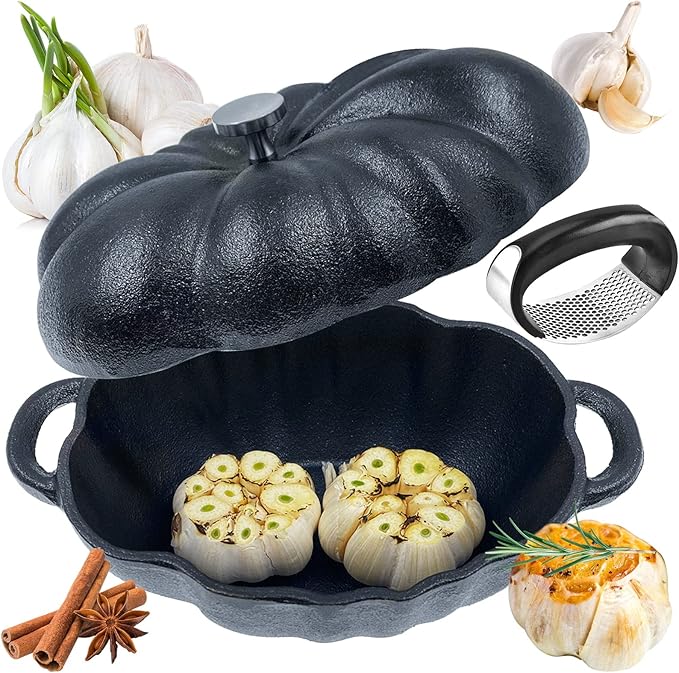 Garlic Roaster, Pre-Seasoned Cast Iron Garlic Roaster Oven Baker and Garlic Presses Set for Kitchen, Pumpkin Soup Pot Casserole, BBQ Grill Garlic Roasted Baker Tool for Outdoor BBQ Camping