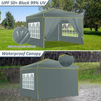 COBIZI 10x10 Pop up Canopy Tent Gazebos, Ez up Canopy 10x10 for Parties Beach Camping Party Event Shelter Sun Shade with 4 Sidewalls & Carry Bag 4 Stakes & Ropes & Sandbags, Grey