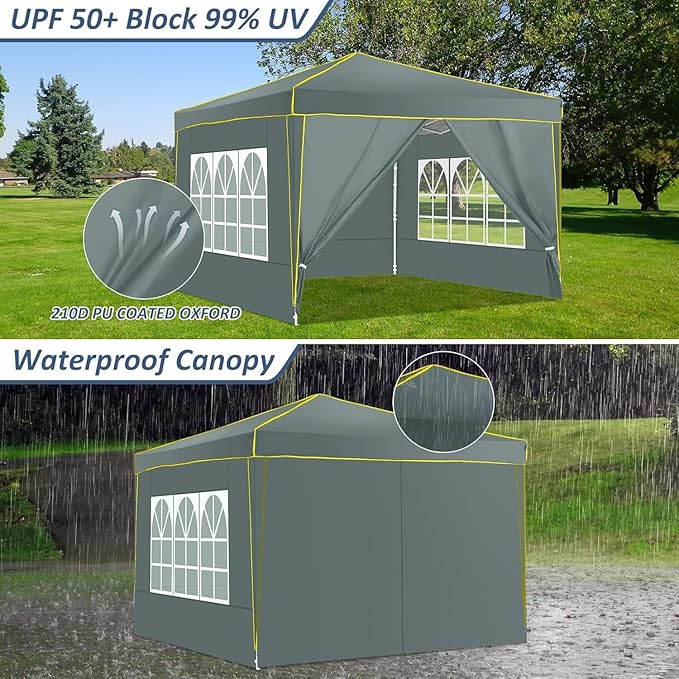 COBIZI 10x10 Pop up Canopy Tent Gazebos, Ez up Canopy 10x10 for Parties Beach Camping Party Event Shelter Sun Shade with 4 Sidewalls & Carry Bag 4 Stakes & Ropes & Sandbags, Grey
