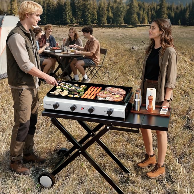 ROVSUN 4 Burner Foldable Propane Griddle with Wheels & Enameled Tray, 40000 BTU Portable Flat Top Gas Grill with Electronic Ignition & Regulator for Outdoor Cooking Camping BBQ Tailgating Picnicking