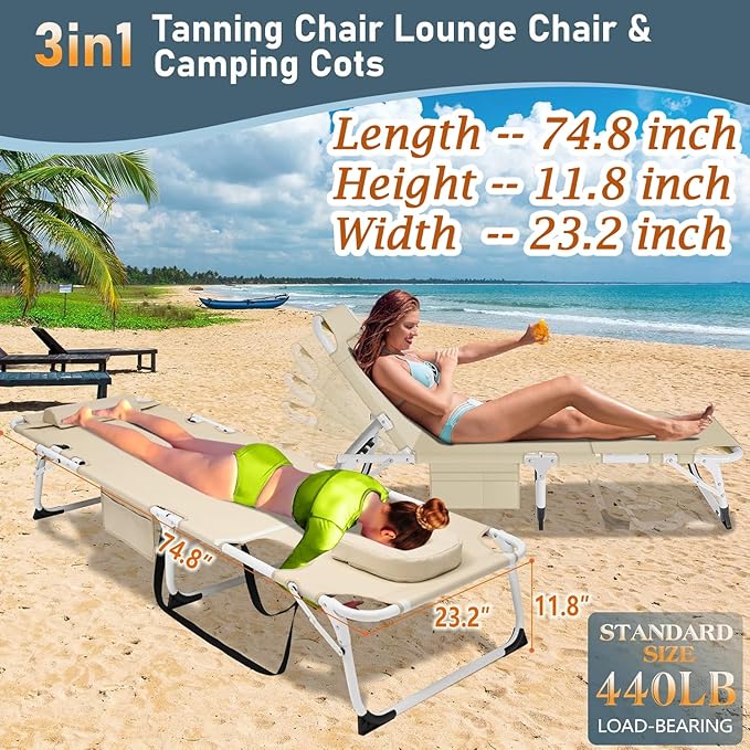 ABORON Patio Lounge Chair, Folding Guest Bed Cot for Adults, 500LB Heavy-Duty Capacity, Portable Extra Bed with Comfort Mat, Quick Fold Design for Indoor Guest Stays & Temporary Use