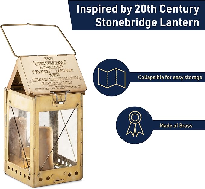Kings County Tools Candle Lamp - Vintage Style Folding Brass Camping Lantern with Hanging Handle - Collapsible Portable Lamp for Emergency Candles or Home Survival Gear Emergency Kit