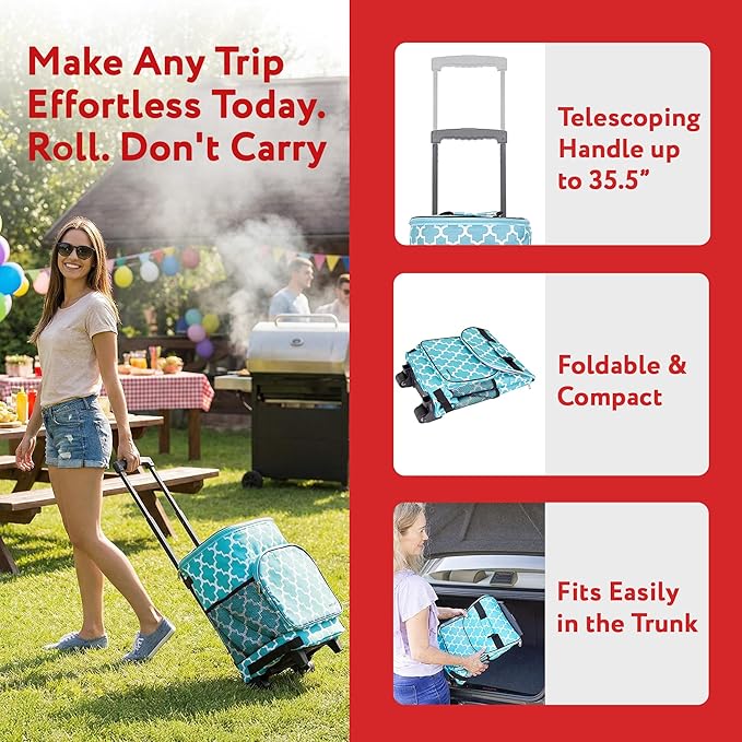 dbest products Ultra Compact Cooler Smart Cart, Moroccan Tile Insulated Collapsible Rolling Tailgate BBQ Beach Summer